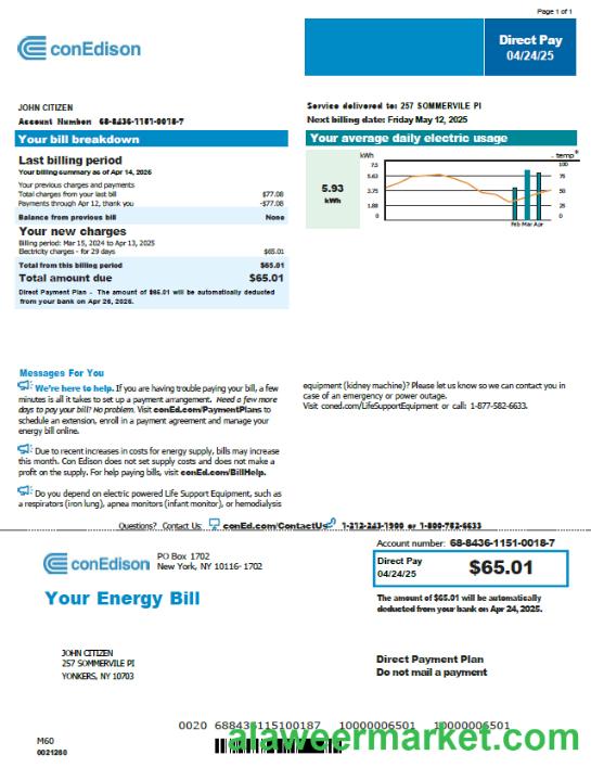 USA Conedison utility bill template in Word and PDF formats, version 2